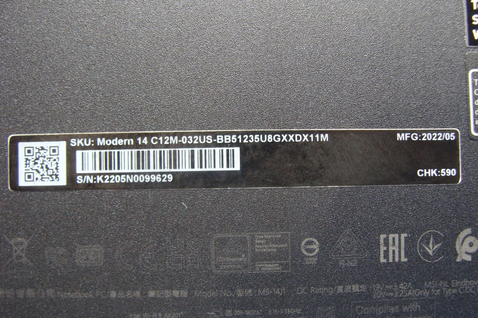 MSI Modern 14 C12M 14”FHD core i5-1235U 2.5GHz 8GB 512GB 95% Battery +Charger