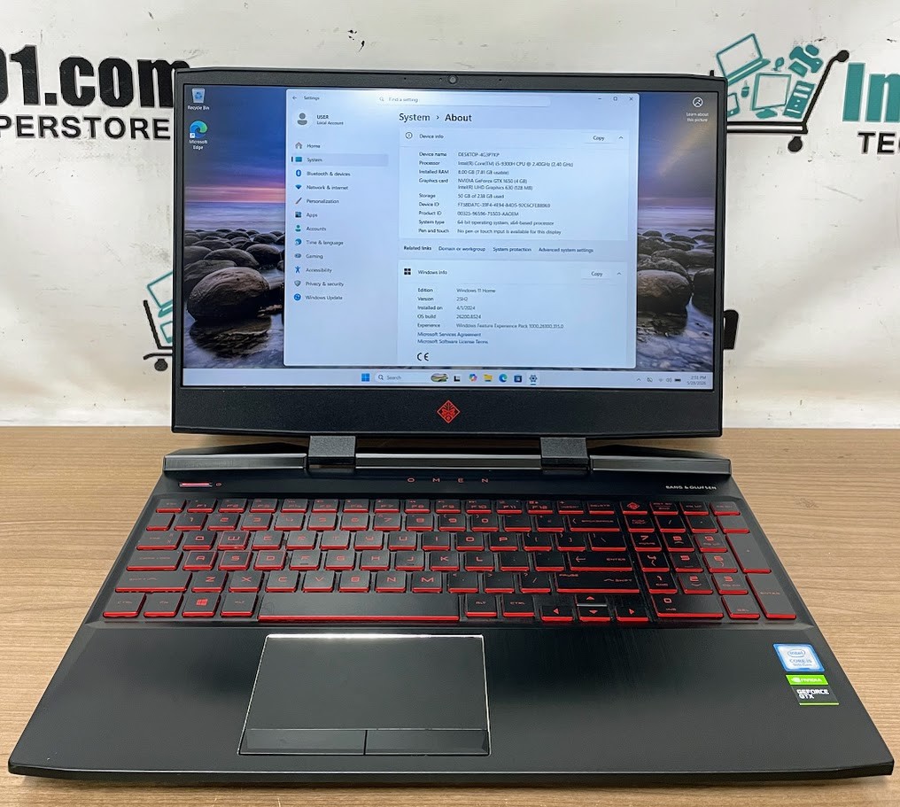 OMEN HP Laptop 15t-dc100 W11H 15.6 NVIDIA GTX i5-9300H 2.40GHz 8gb RAM 256gb SSD