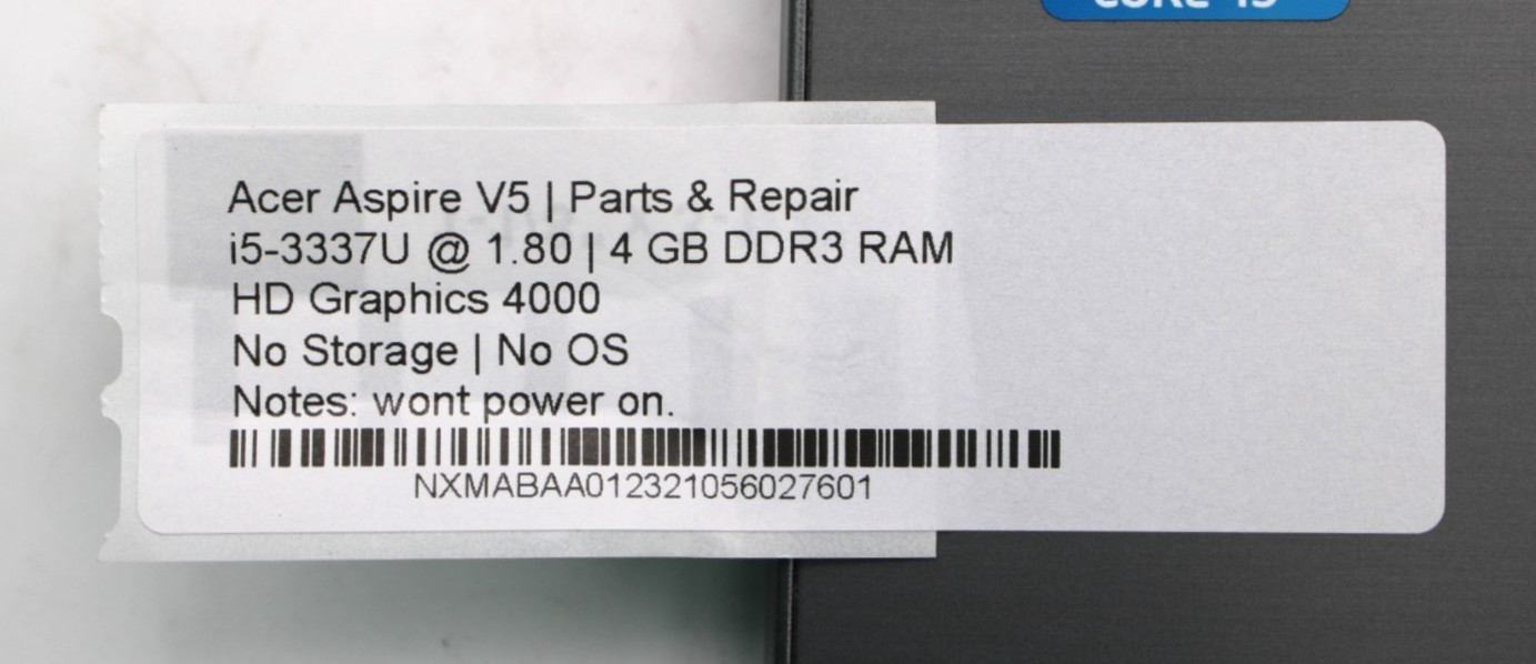 Acer Aspire V5 i5-3337U@1.80GHz 4GB DDR3 NO STORAGE OR OS *PARTS/REPAIR*