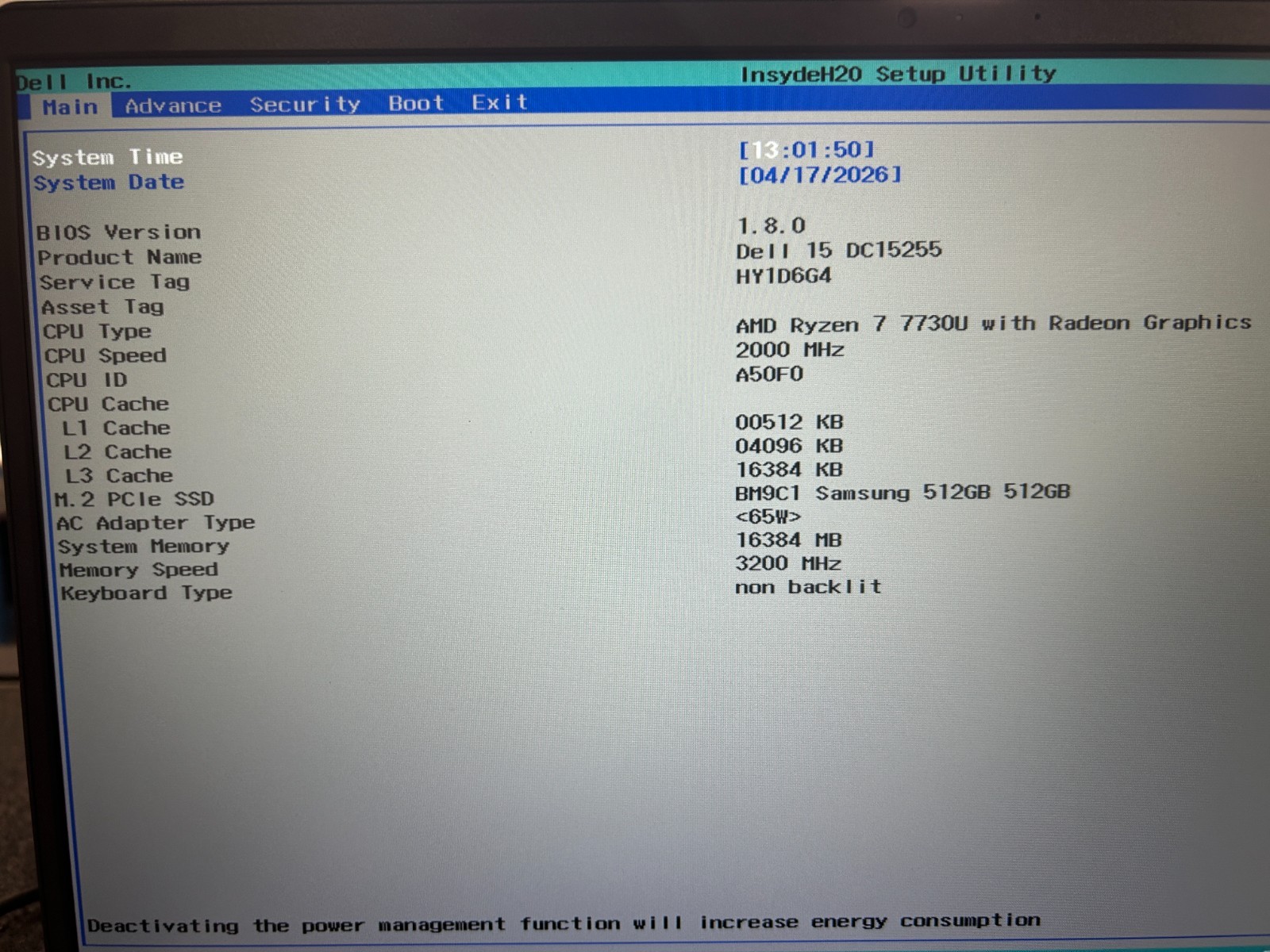 DELL 15 DC15255 G8MK9, AMD Ryzen 7 7730U, 2.00 GHz, 16 GB RAM, 512 GB NVMe SSD
