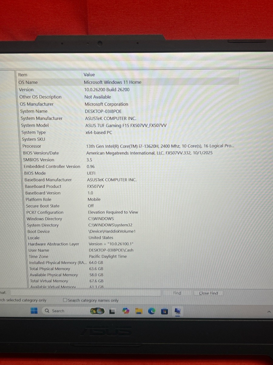 ASUS TUF F15 FX507VV i7-13620H RTX 4060 64GB RAM 1TB SSD (CP1126087)