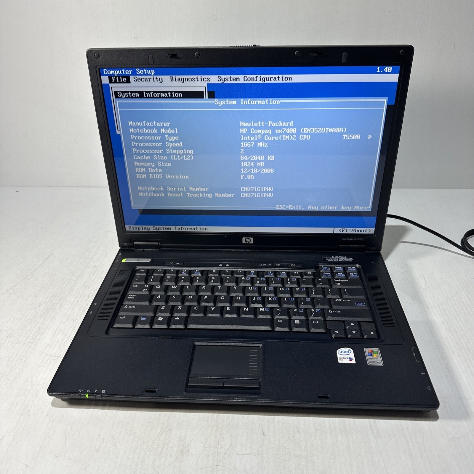 Hp Compaq NX7400 15″ Laptop Intel Core 2 Duo T5500 1gb Ram No Drives Boots Bios