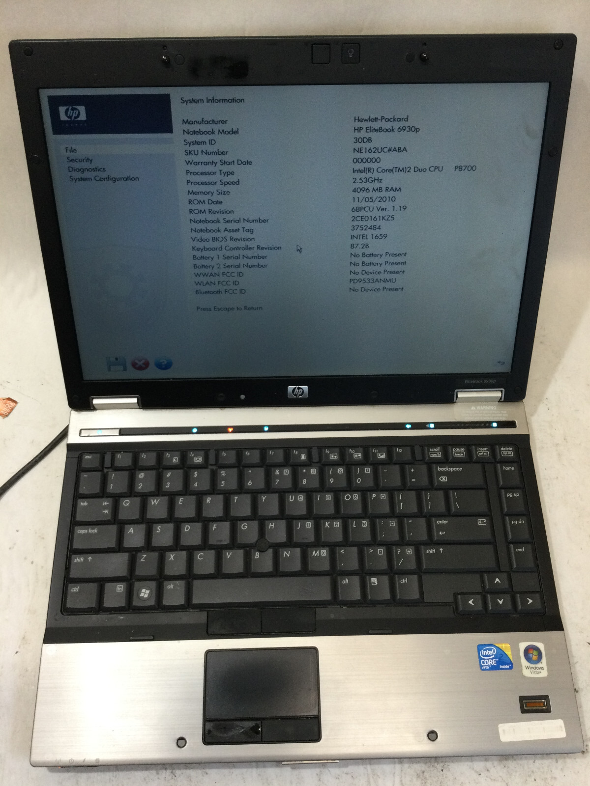 HP ELITEBOOK 6930P – BOOTS TO BIOS – INTEL CORE 2 DUO – 4GB RAM -READ DESCRIP-BB
