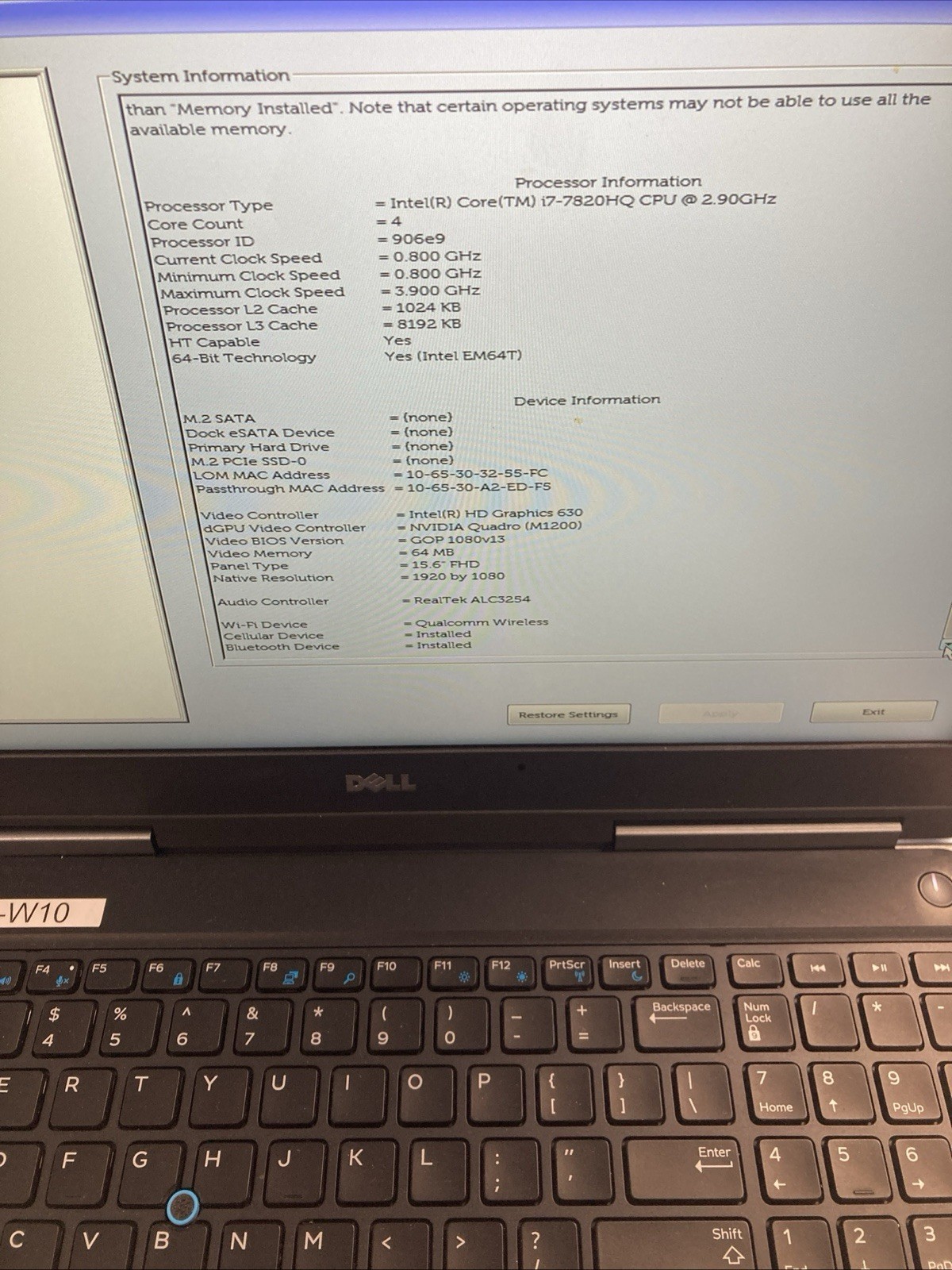 Dell precision 7520 i7-7820HQ 16gb Ram NO HDD NO Battery #1002