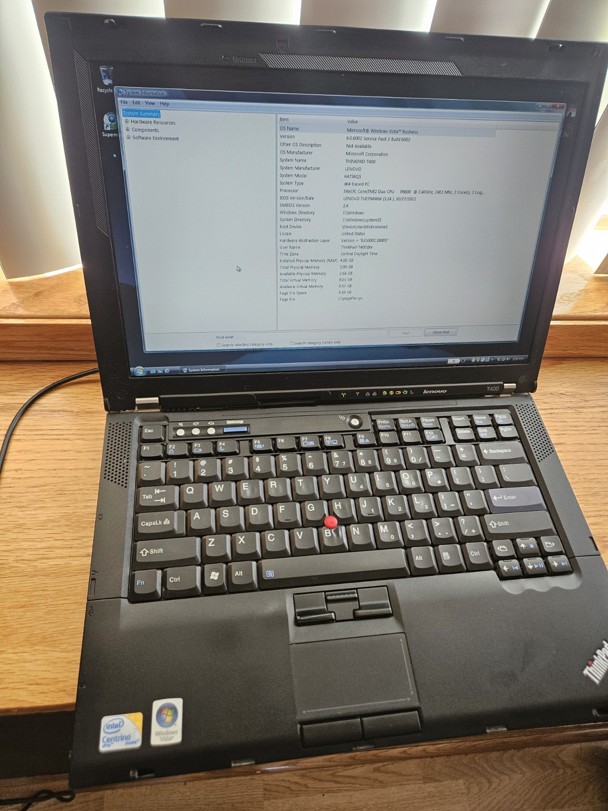 Lenovo ThinkPad T400 160GB HDD C2D P8600 4GB RAM Windows Vista Business- Works