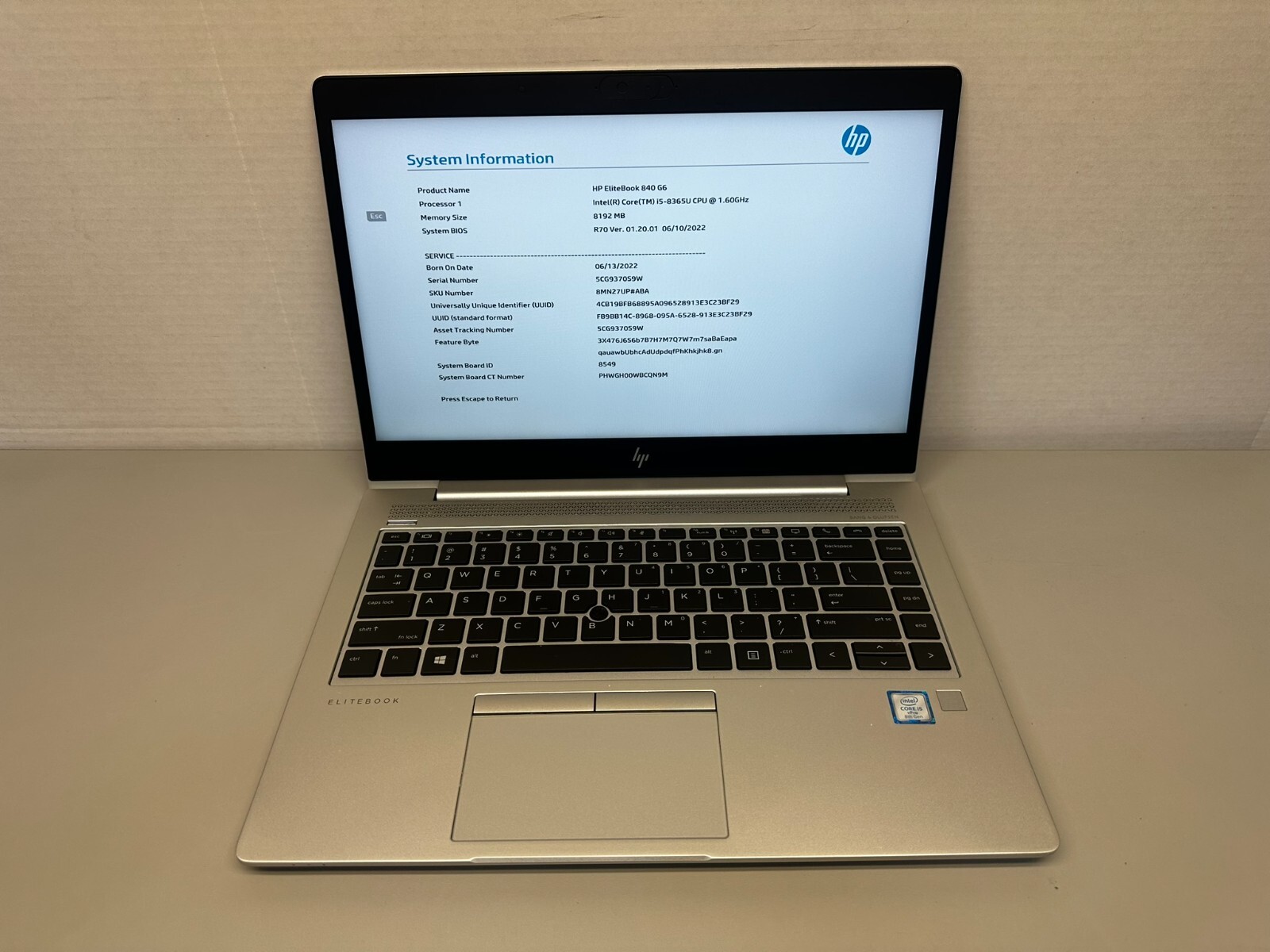 HP EliteBook 840 G6 i5-8365U 1.6GHz 8GB RAM 256GB Batt Capacity +70% Charger
