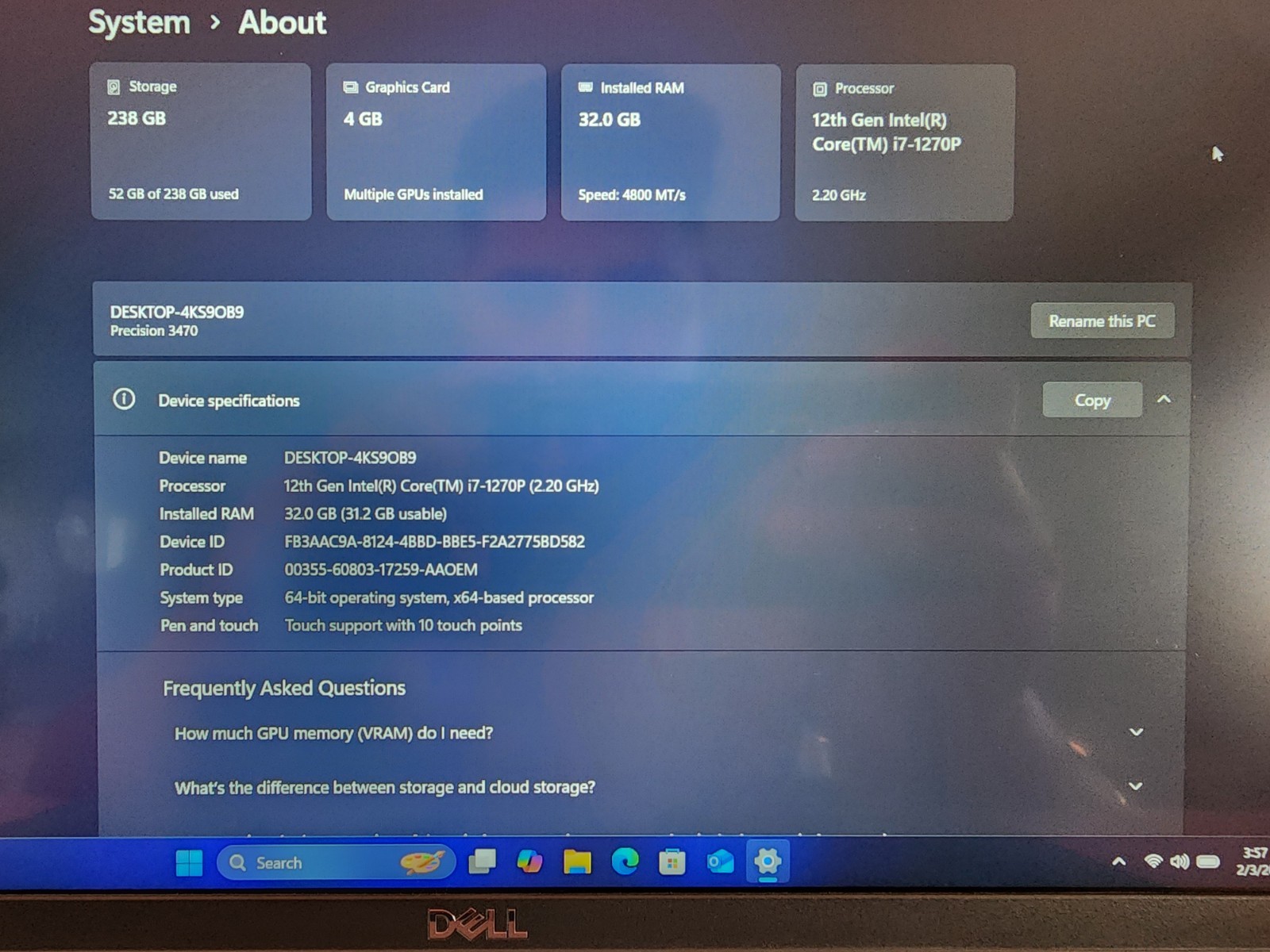 Dell Precision 3470, Intel Core i7-1270P, NVIDIA T550, 32GB DDR5, 256GB NVME