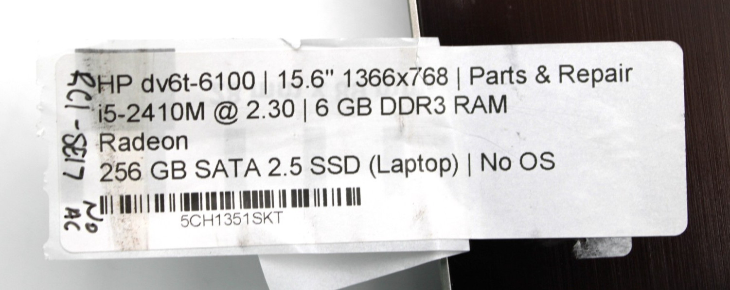 HP Dv6 i5-2410M@2.3GHz 6GB DDR3 256GB SATA 2.5 SSD NO OS *USED/TESTED*