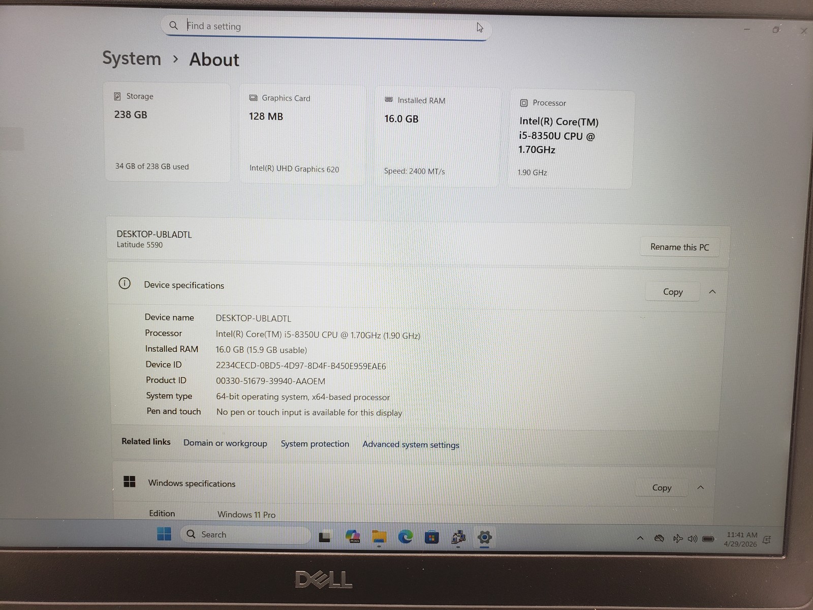 Dell Latitude 5590 Laptop i5-8350U 16GB RAM 256GB SSD 15.6″ Win 11 Pro laptop PC