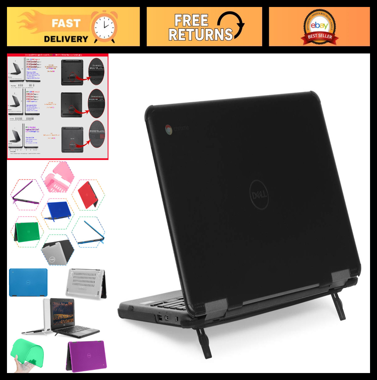 11.6″ Dell Chromebook 3100/3110 Clamshell Case – 180° Hinge, Black, Education Us