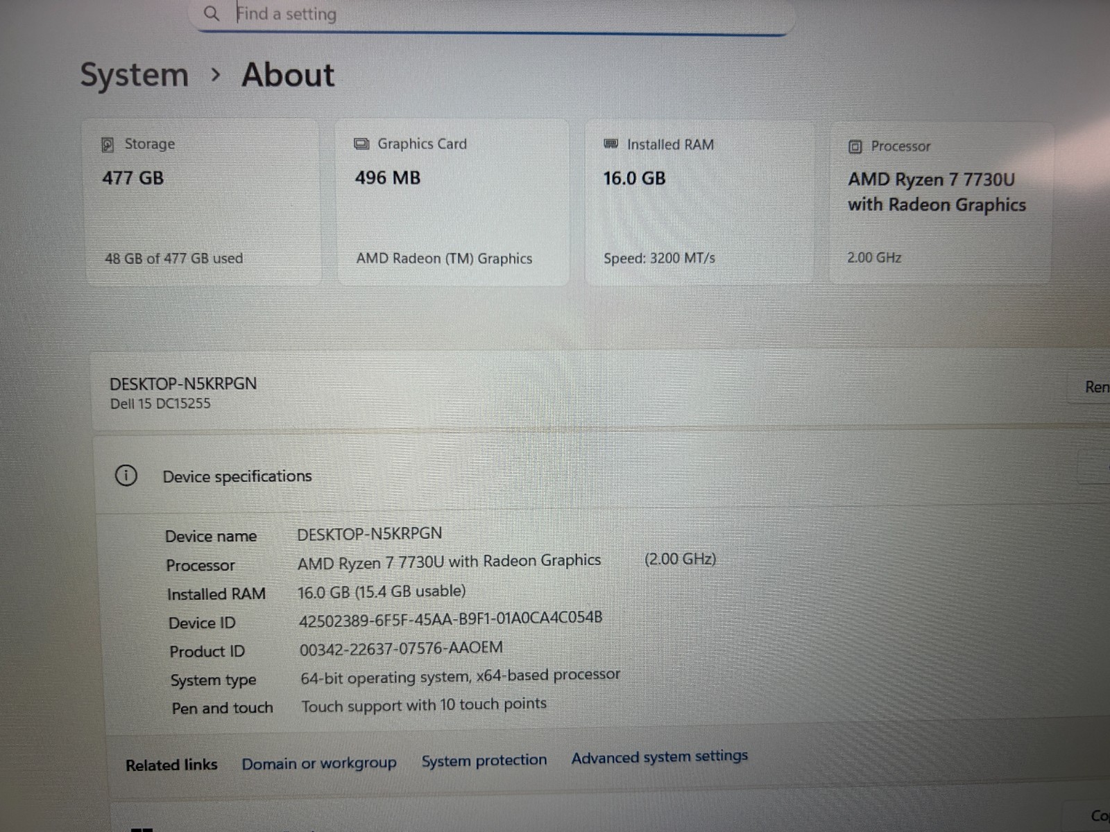DELL 15 DC15255 G8MK9, AMD Ryzen 7 7730U, 2.00 GHz, 16 GB RAM, 512 GB NVMe SSD