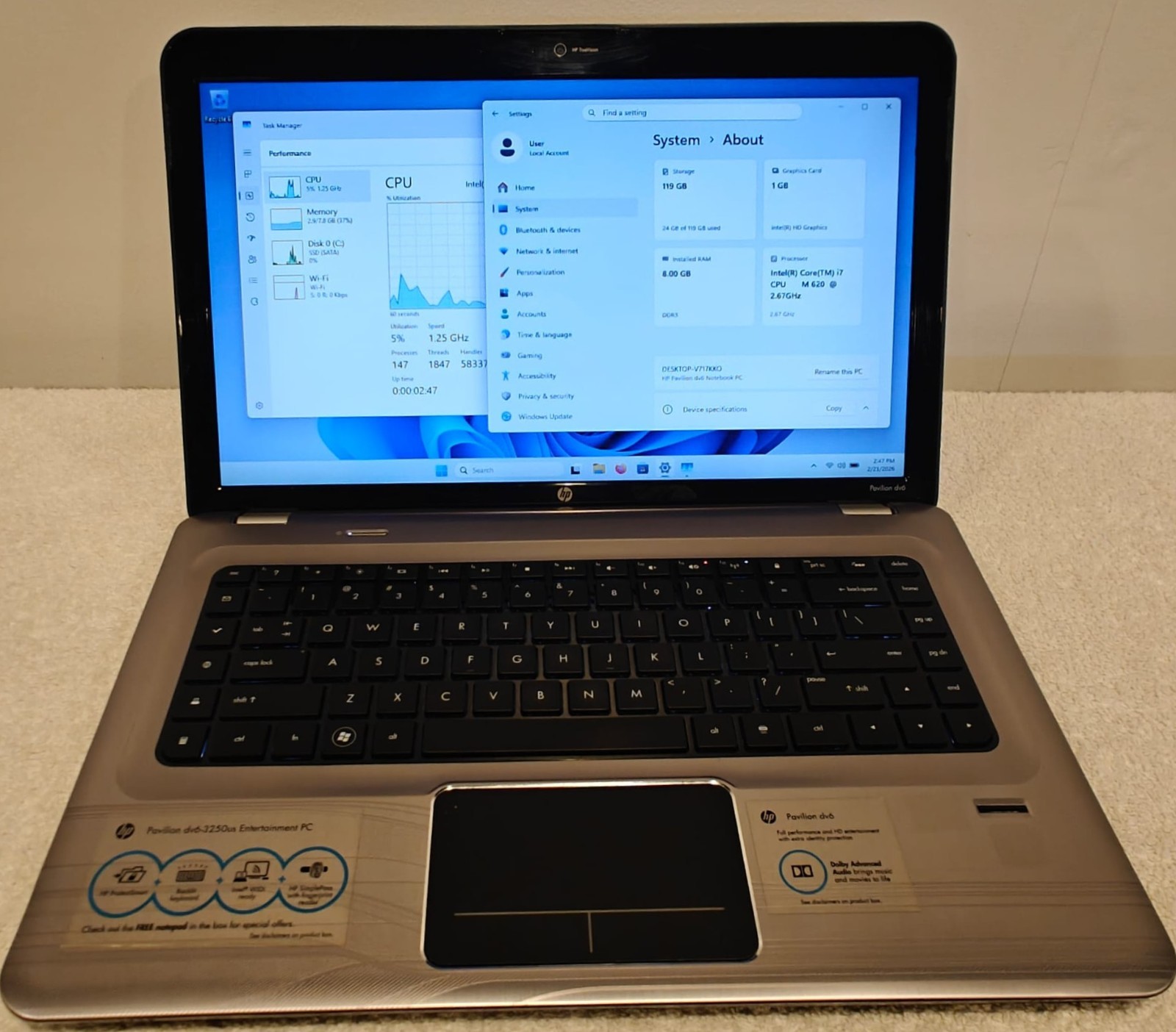 HP Pavilion dv6-3250us i7 8GB RAM 128GB SSD Windows 11 Pro Office 365
