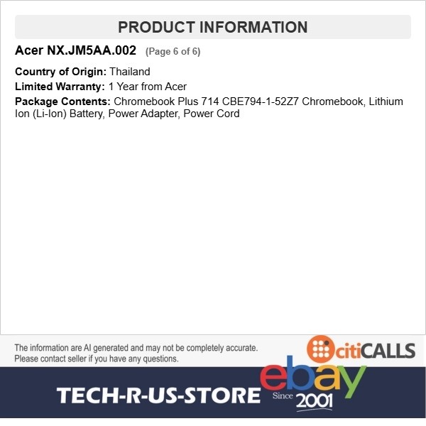 Acer NX.JM5AA.002 Chromebook Plus Enterprise 714 14″ Ultra 5 125U 16GB 256G