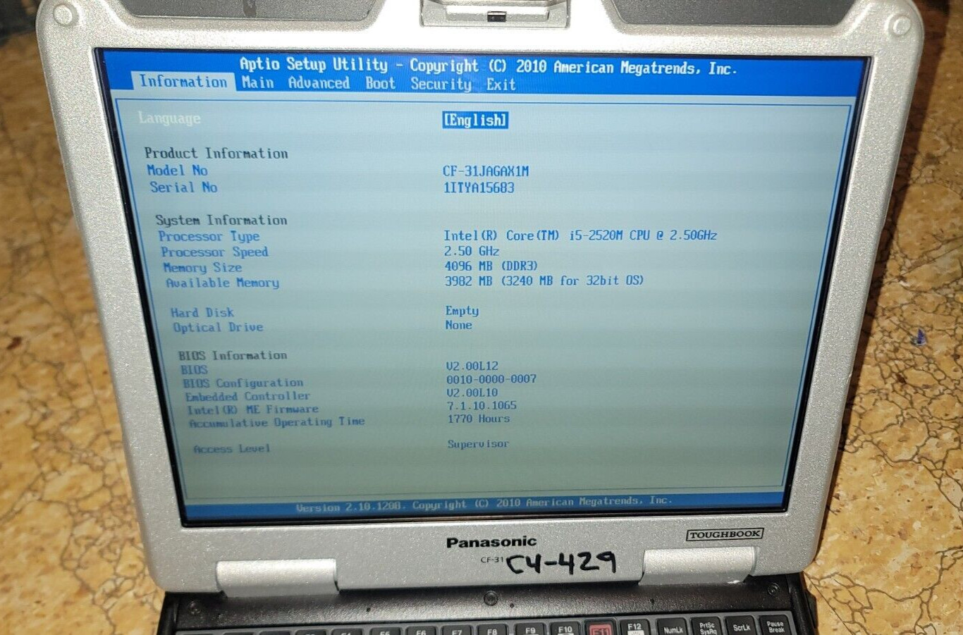 Panasonic Toughbook CF-31 (Intel i5-M520 2.40GHz,4GB) Laptop NO HDD/CADDY 1770HR