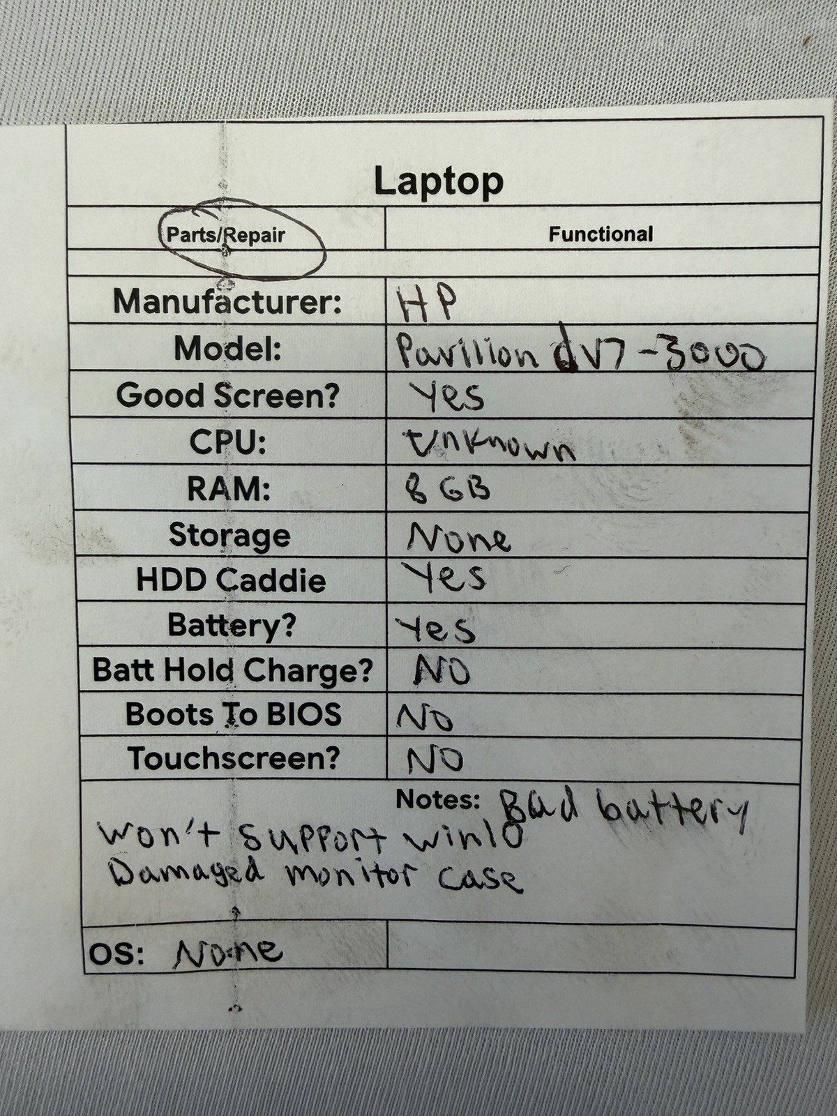 HP Pavillion dv7-3000 Laptop – Good Screen – CPU Unknown – Read Des