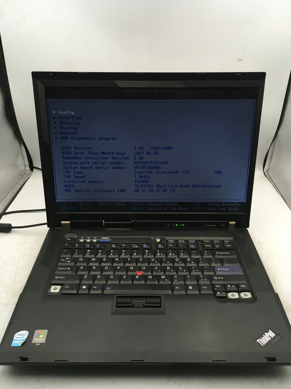 LENOVO THINKPAD R61 – BOOTS TO BIOS – INTEL CELERON 540 – NO RAM – READ – BB