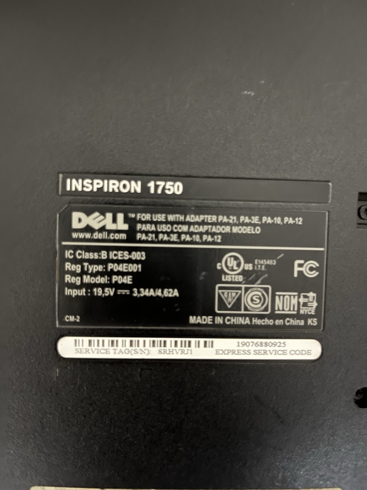 Dell Inspiron 1750 17.3” Laptop Boots Windows Parts/Repair w/Charger