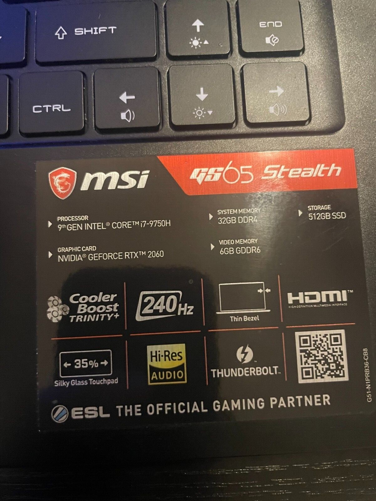 MSI GS65 Stealth 15.6 inch 512GB, 32GB RAM Intel Core i7-9750 9th Gen 2.60GHz 