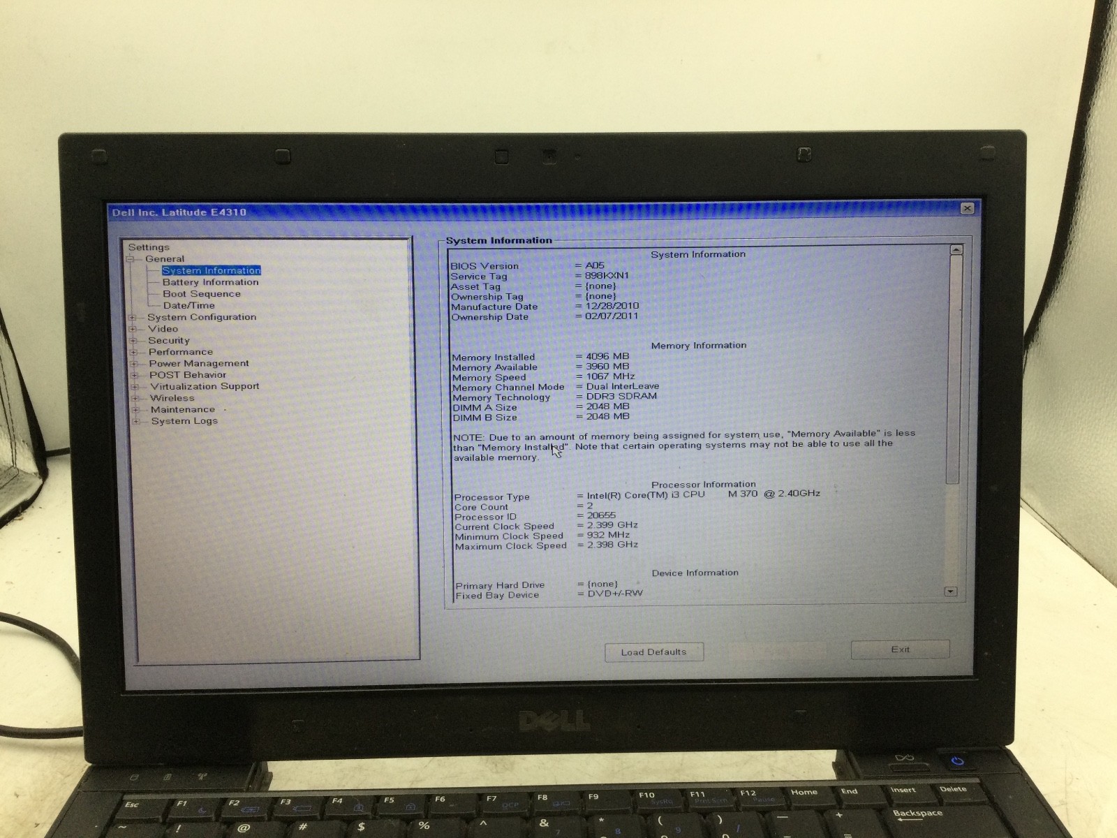DELL LATITUDE E4310 – BOOTS TO BIOS – INTEL I3 M370 – 4GB RAM – 13″ – READ – BB