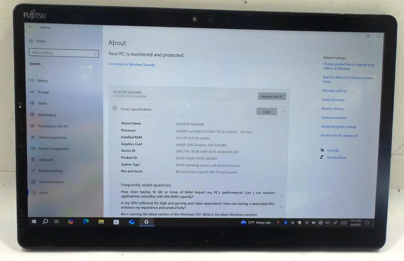 Fujitsu Stylistic Q738 Core i5-8350U 1.7GHz 16GB 256GB Windows 10