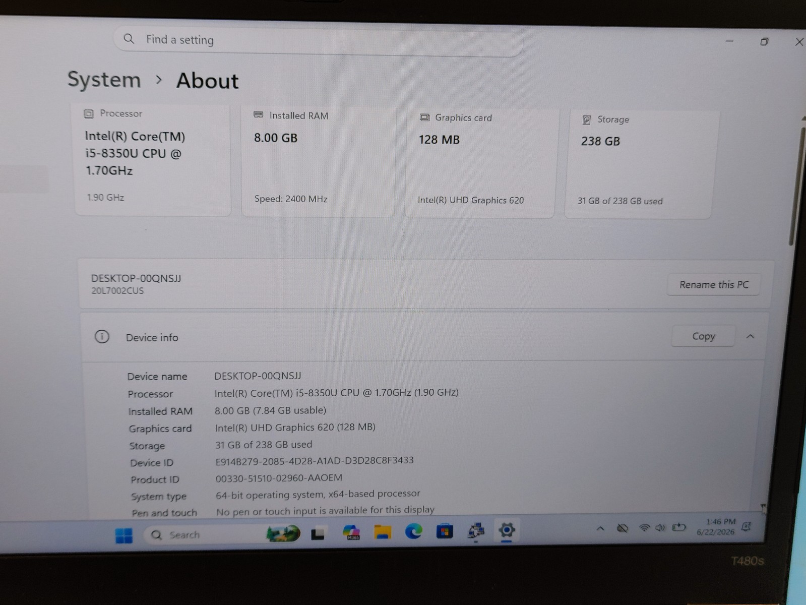 Lenovo T490S THINKPAD 14IN 00QNSJJ i5-8365U 1..6 16GB RAM 256GB SSD