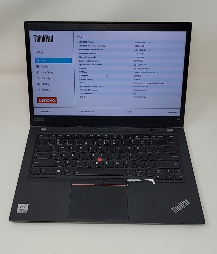 LENOVO ThinkPad T14 Gen 1 Laptop Intel Core I7-10510U 8GB 256GB SEE NOTES
