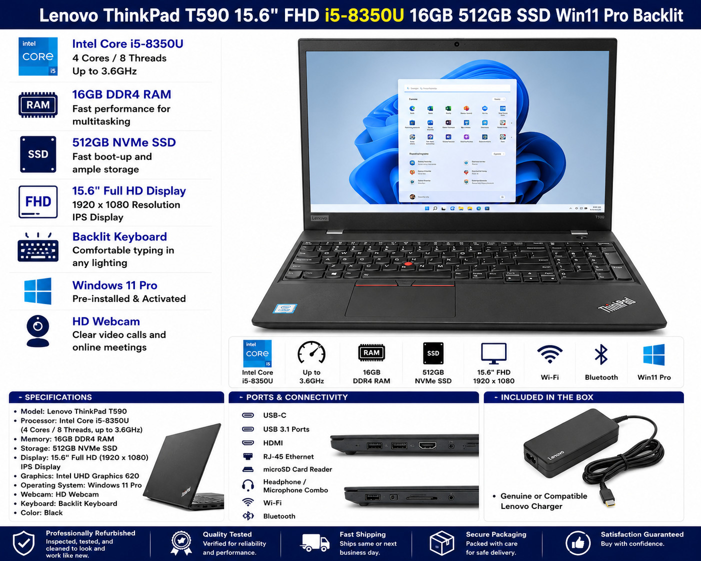 Lenovo ThinkPad T590 15.6″ FHD i5-8350U 16GB RAM 512GB SSD Win11 Pro