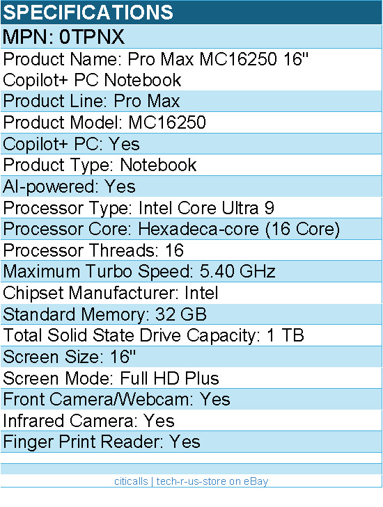 Dell 0TPNX Pro Max MC16250 16″ Copilot+ PC Notebook – Intel Core Ultra 9