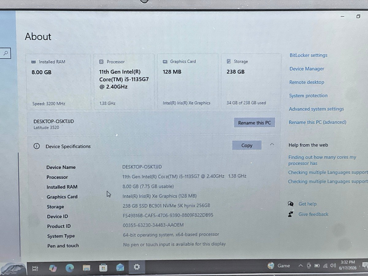 Dell Latitude 3520 Win10Pro/11 Gen Intel Core i5-1135G7@2.4GHz/8GB R (EL1129545)