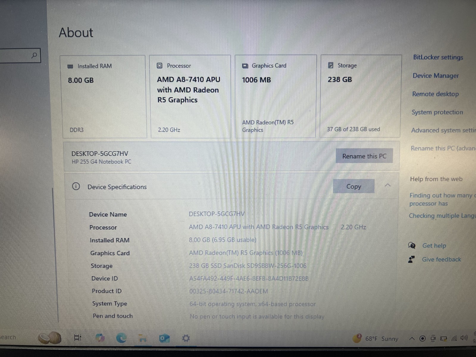 HP 255 G4 NOTEBOOK AMD A8-7410 APU 8GB RAM 256GB SSD W10H W/CHARGER