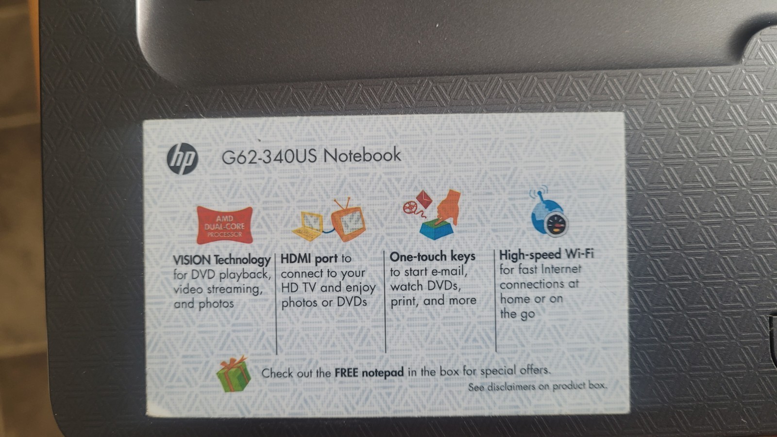 HP G62-340US Laptop AMD Dual-Core Windows 7 HDMI Wi-Fi Charger No HD