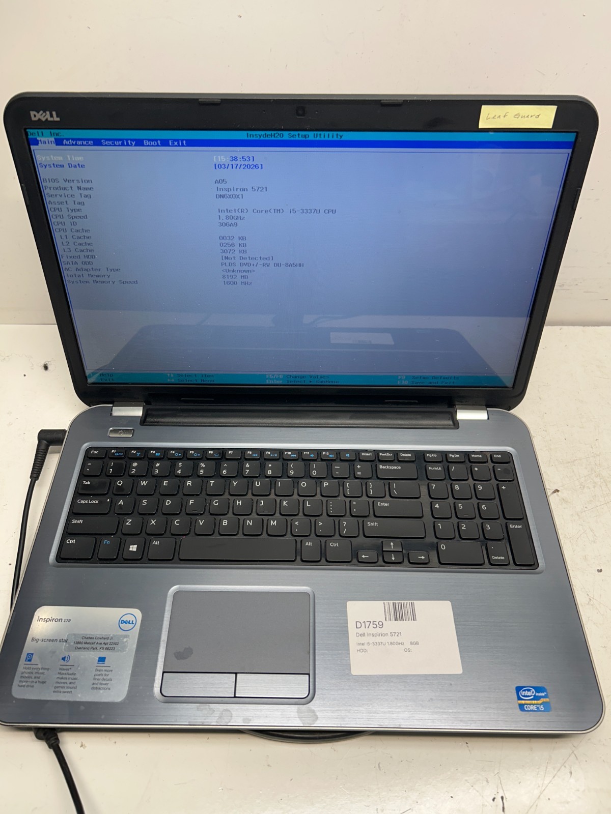 Dell Inspirion 5721 Intel i5-3337U 1.80GHz 8GB NO HDD