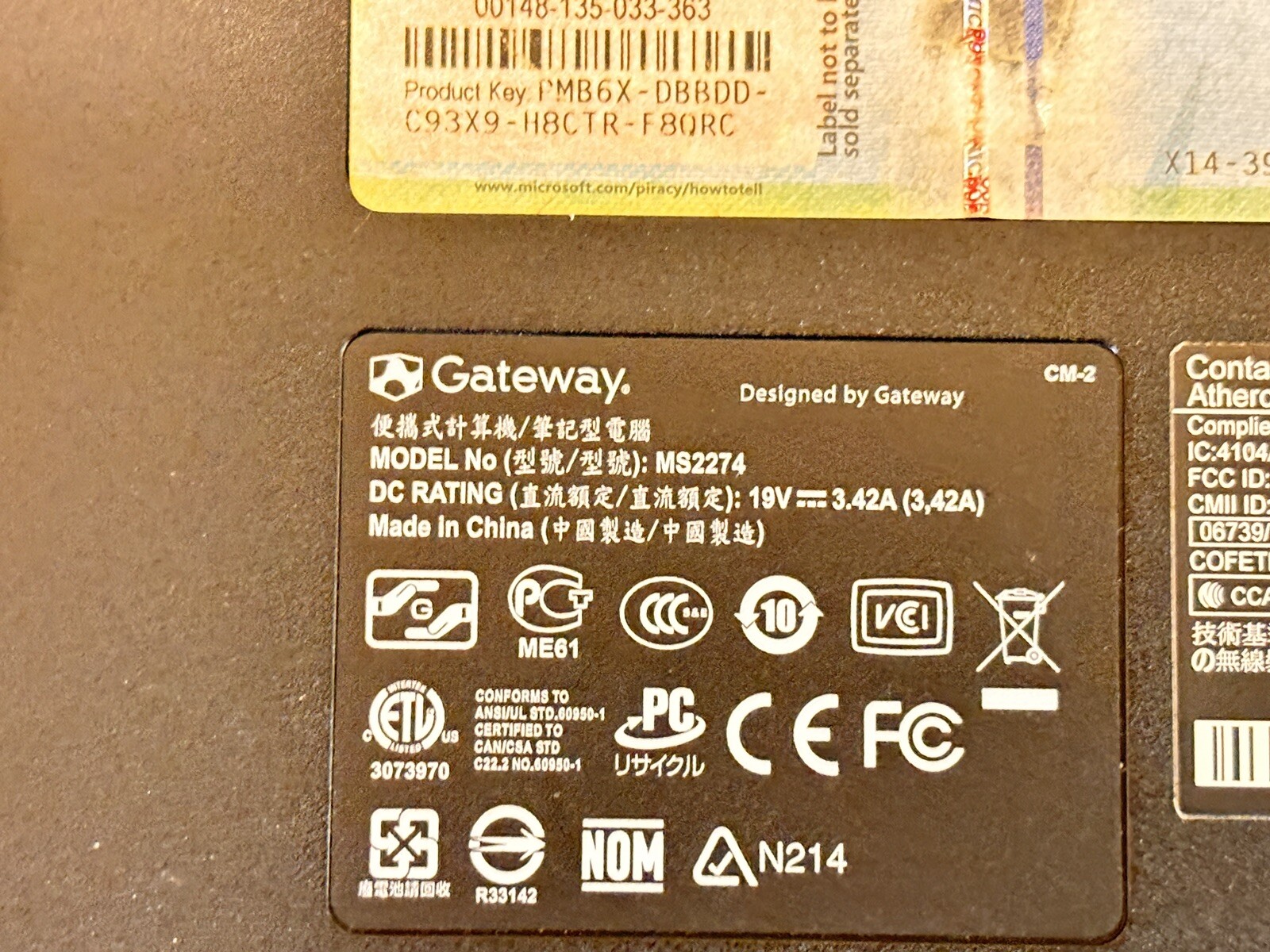15.6” Gateway MS2274 AMD Athlon 64 X2 Scraps/Salvage With Cords And Bag
