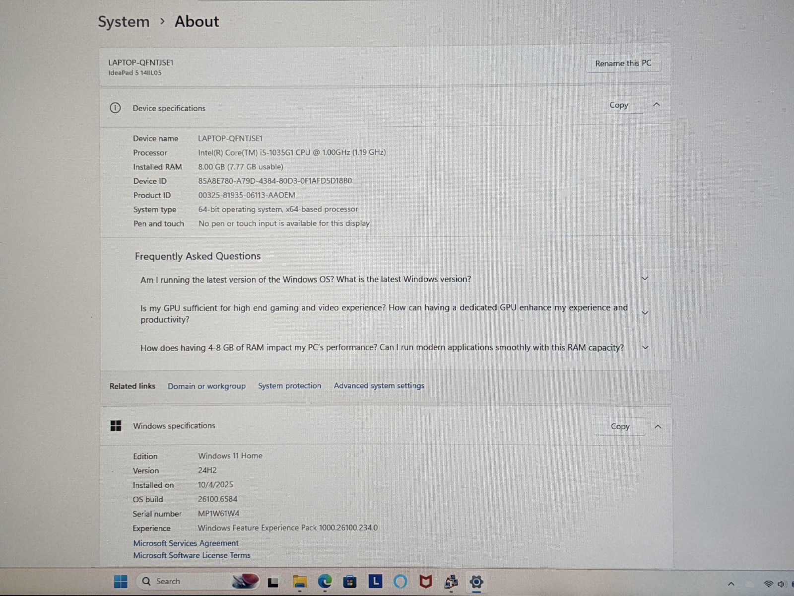 Lenovo IdeaPad 5 14IIL05 14″ FHD i5-1035G1 1GHz 8GB 256GB SSD Win11Home +Charger