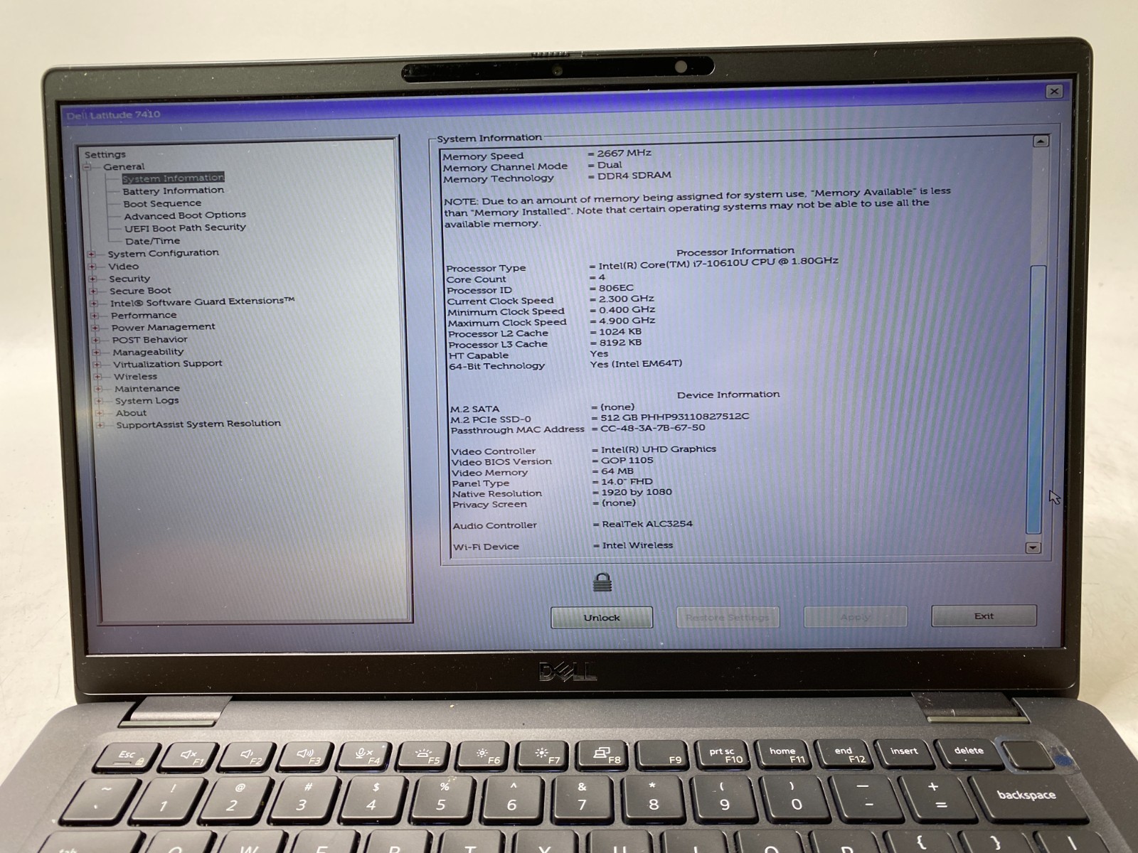 Dell Latitude 7410 14″ i7-10610u 16GB DDR4 512GB M.2 Win11H – 57% Battery, BIOS
