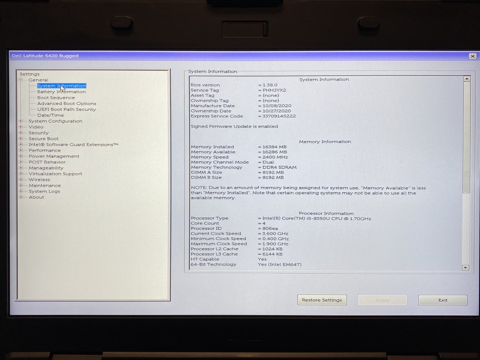 Dell Latitude 5420 Rugged 14″ Touchscreen i5-8350U 16GB RAM NO SSD Boots to Bios