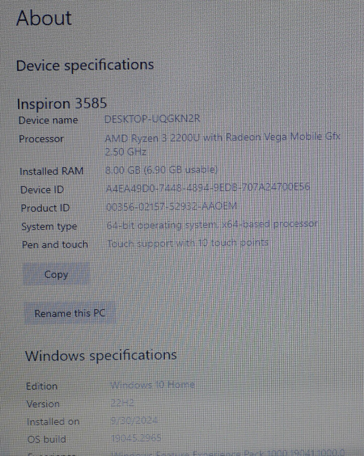 Dell Inspiron 3585 Laptop 15.6″ 128GB 2.5GHZ 8GB AMD Ryzen 3 Touchscreen