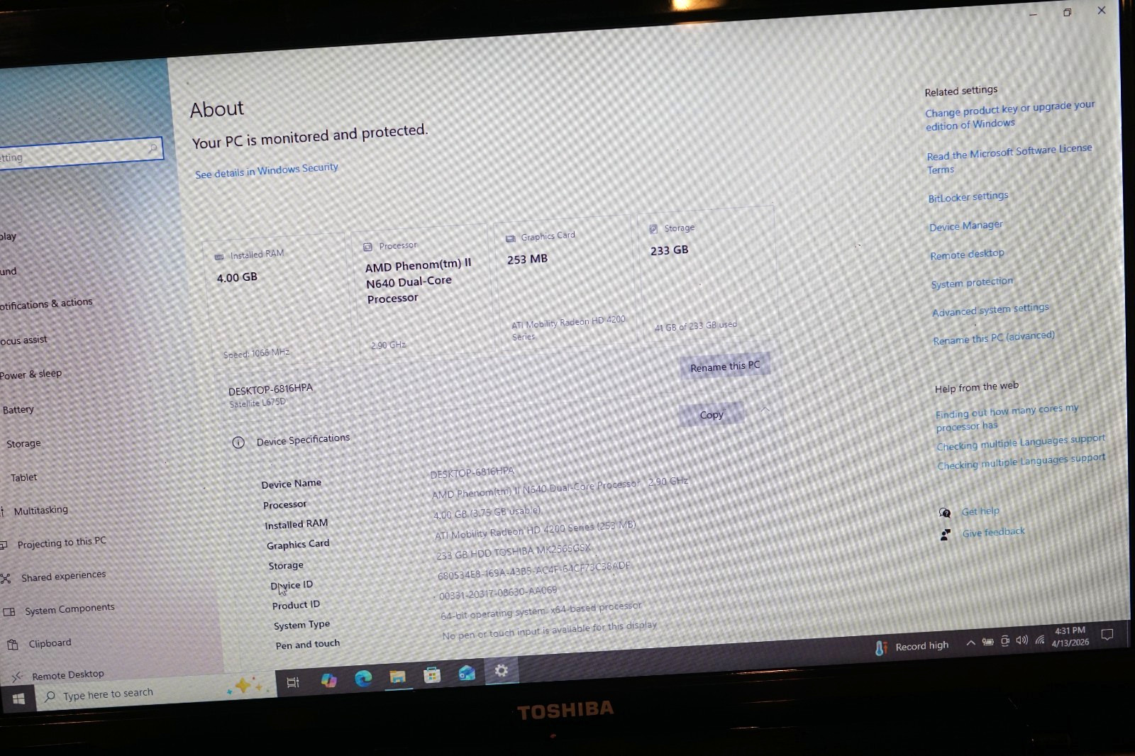 Active 22H2 Version WIN10PRO Toshiba L675D-S7052@2.90GHz,4GB RAM,250GB HDD.