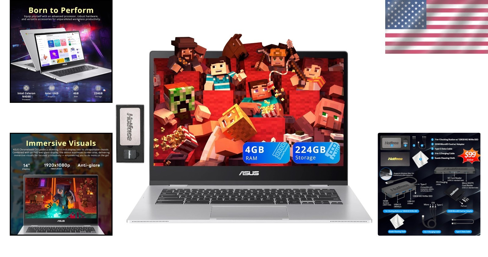 Lightweight 14″ Chromebook CX1 – FHD Anti-Glare, WiFi 6, 4GB RAM, 224GB Storage
