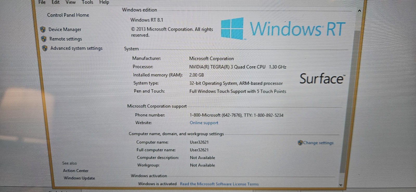 Microsoft Surface RT 1516 Tablet Tegra 3 1.30GHz 2 GB RAM 32 GB Win RT 8.1