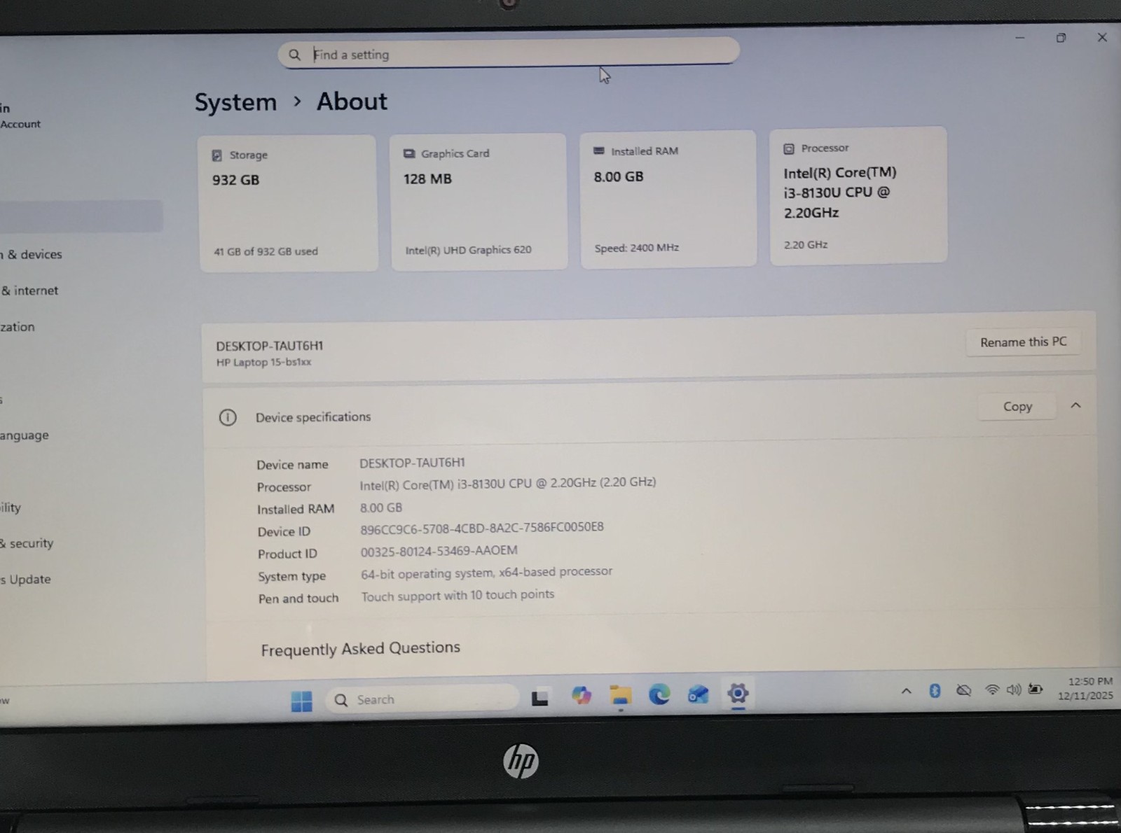 HP 15-BS113DX i3-8130U@2.20GHz 8GB RAM 1TB HDD W11P TOUCH W/CHARGER *READ