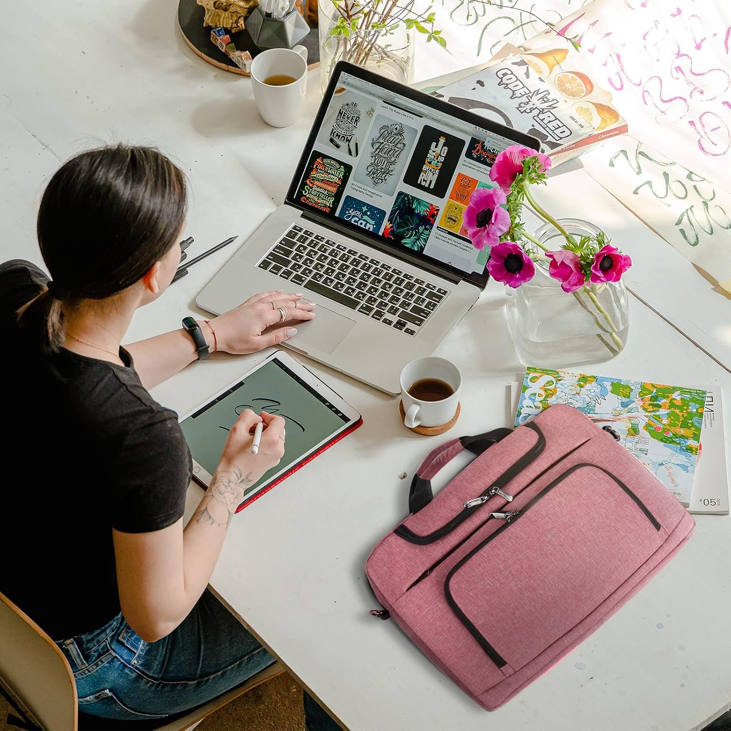Sleeve for 17 17.3 inch Laptop Bag w/Shoulder Strap, Rose Red for Work Travel