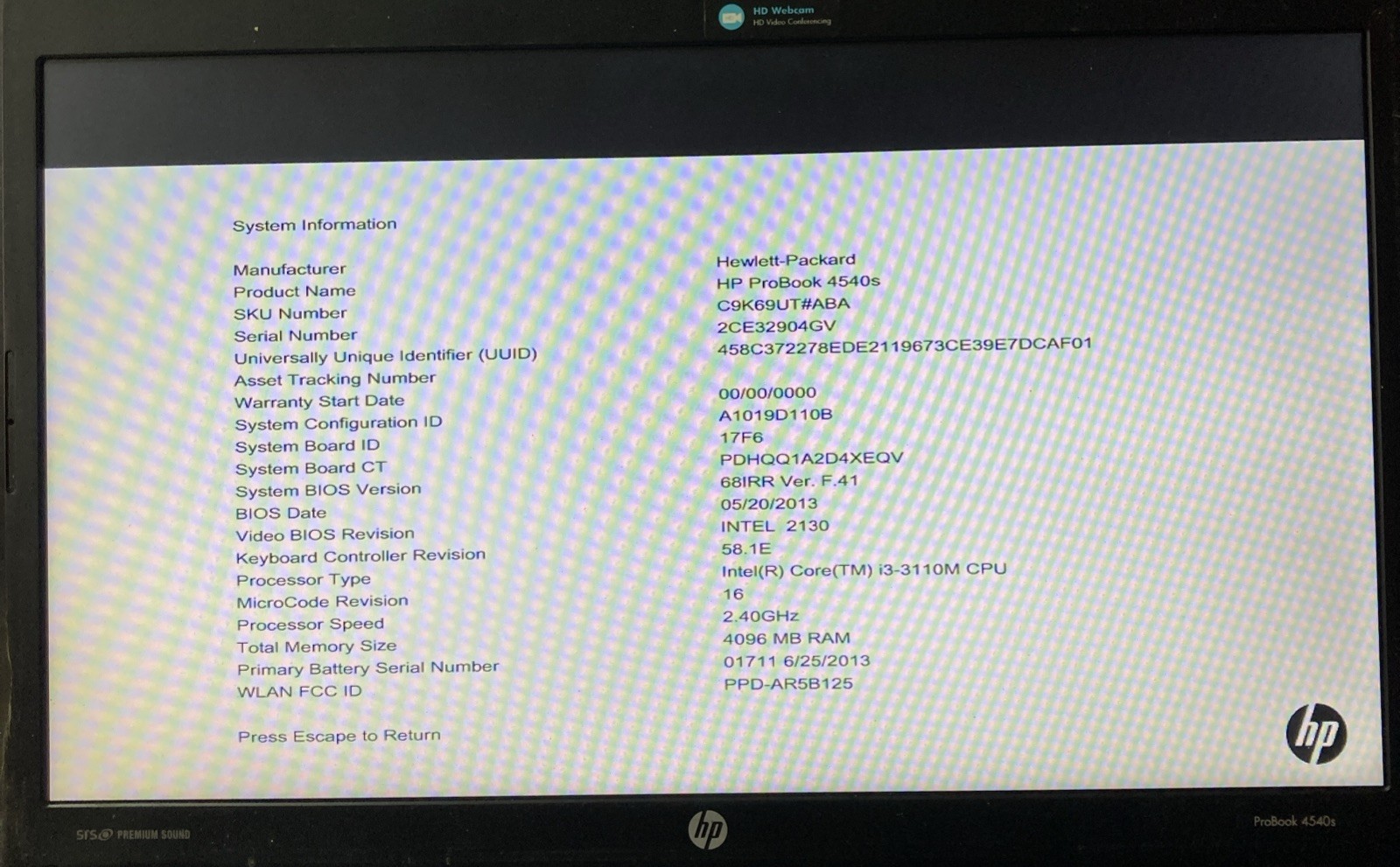 HP PROBOOK 4540S INTEL CORE I3-3110M 2.40GHZ no RAM NO HD Boot to BIOS