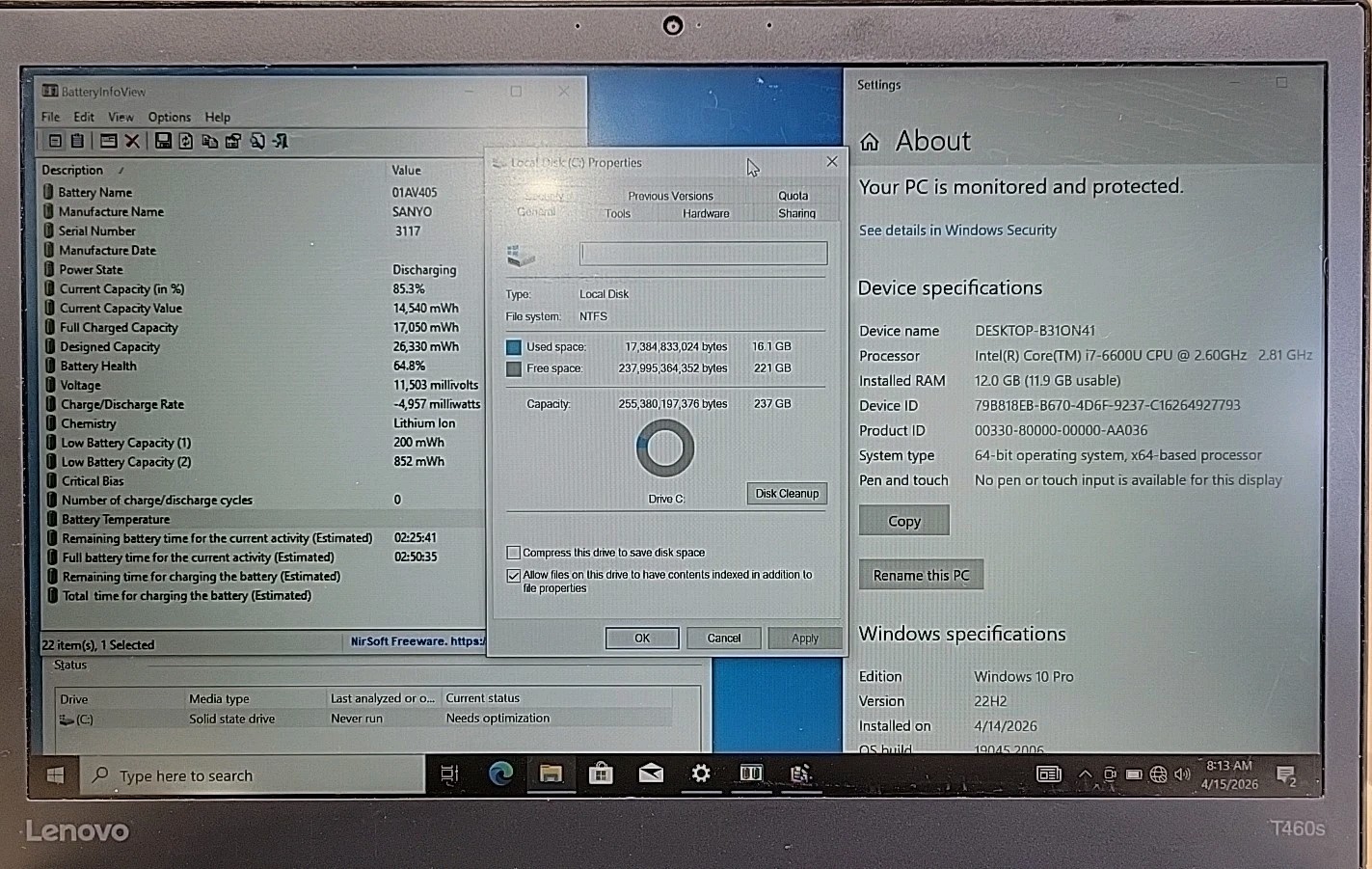 Lenovo ThinkPad T460s, Intel Core i7-6600U @ 2.6GHz, 12GB RAM, 256GB SSD, W10P