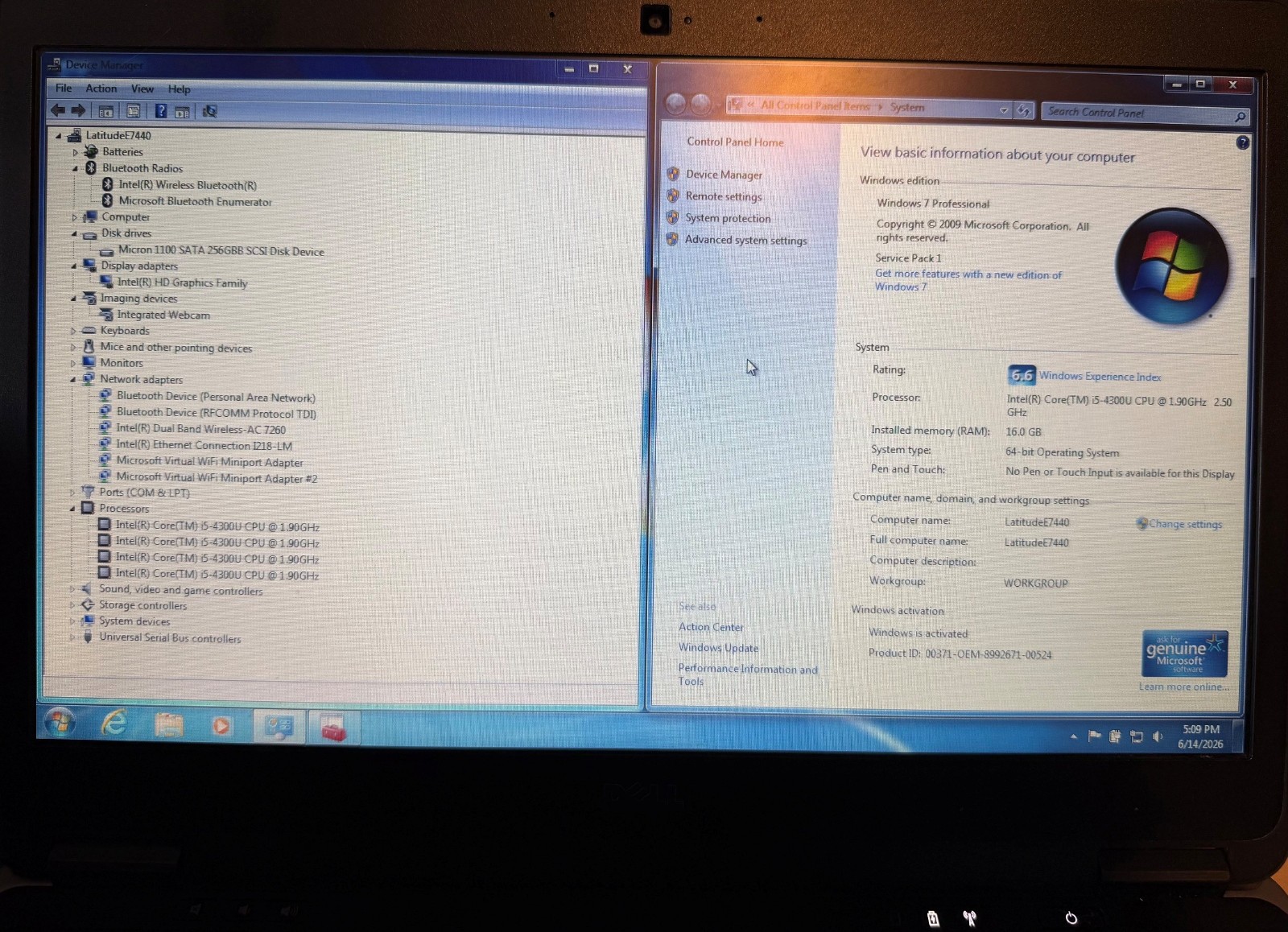 Dell Latitude E7440 14” Laptop Intel Core i5 4300U 16GB RAM 256GB SSD Win 7