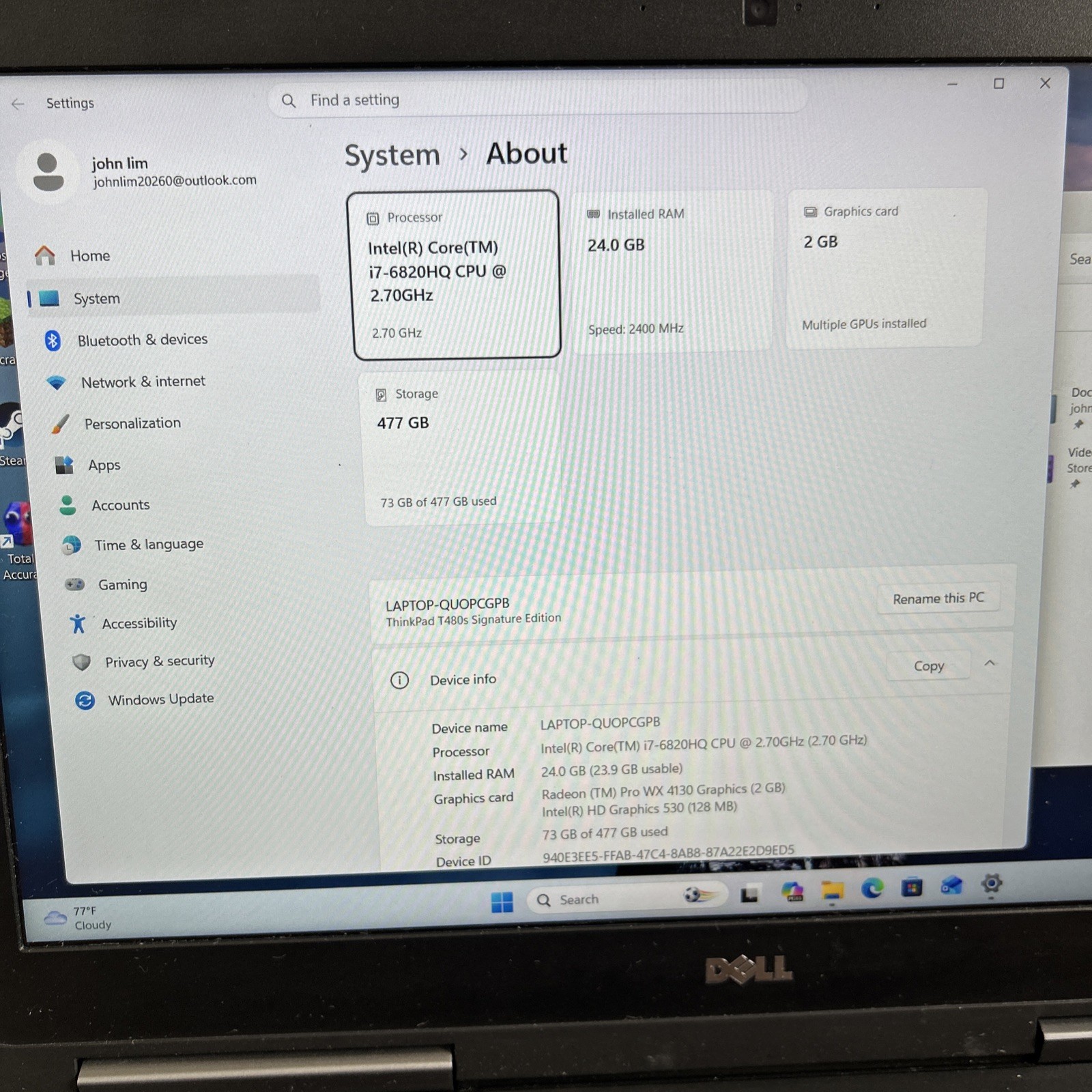 Dell Precision 7520 15.6″ i7-6820 Laptop 24GB RAM 500GB SSD 2GB Video Win11