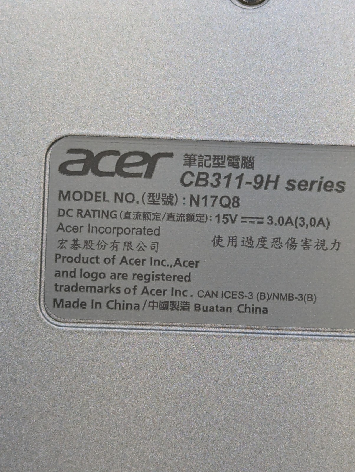 Acer Chromebook CB311-9H Series Model #N17Q8 (Silver)