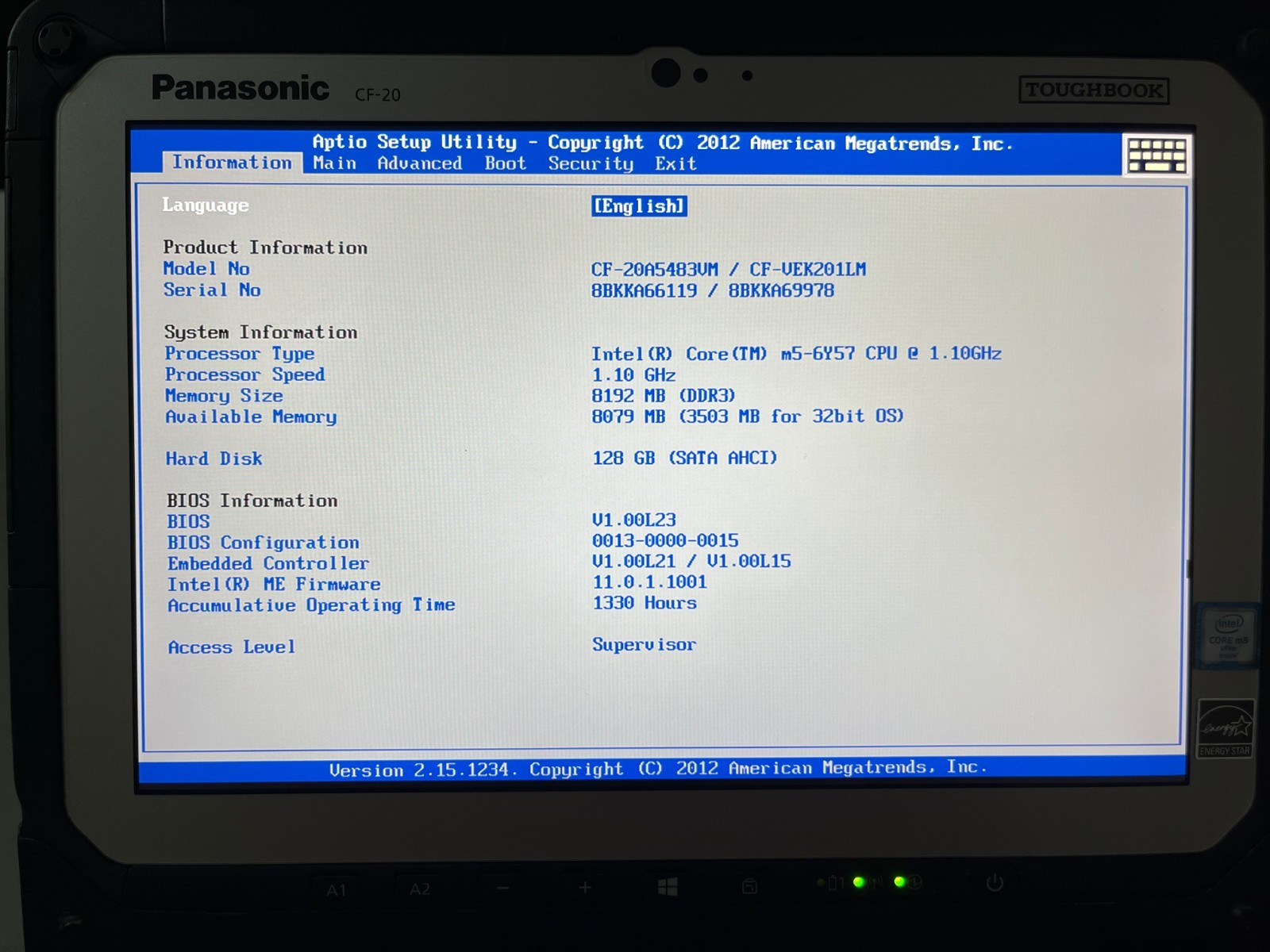Panasonic Toughbook CF-20, MK1, 128GB, 8GB, Touchscreen 1330 Hours