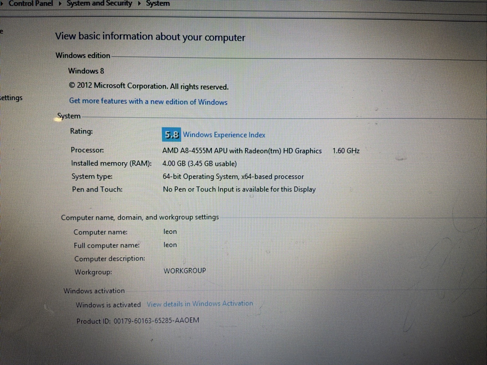 Acer Aspire V5-551-8401 15.6″ AMD A8 CPU Processor HDMI VGA Windows 8 WORKS!