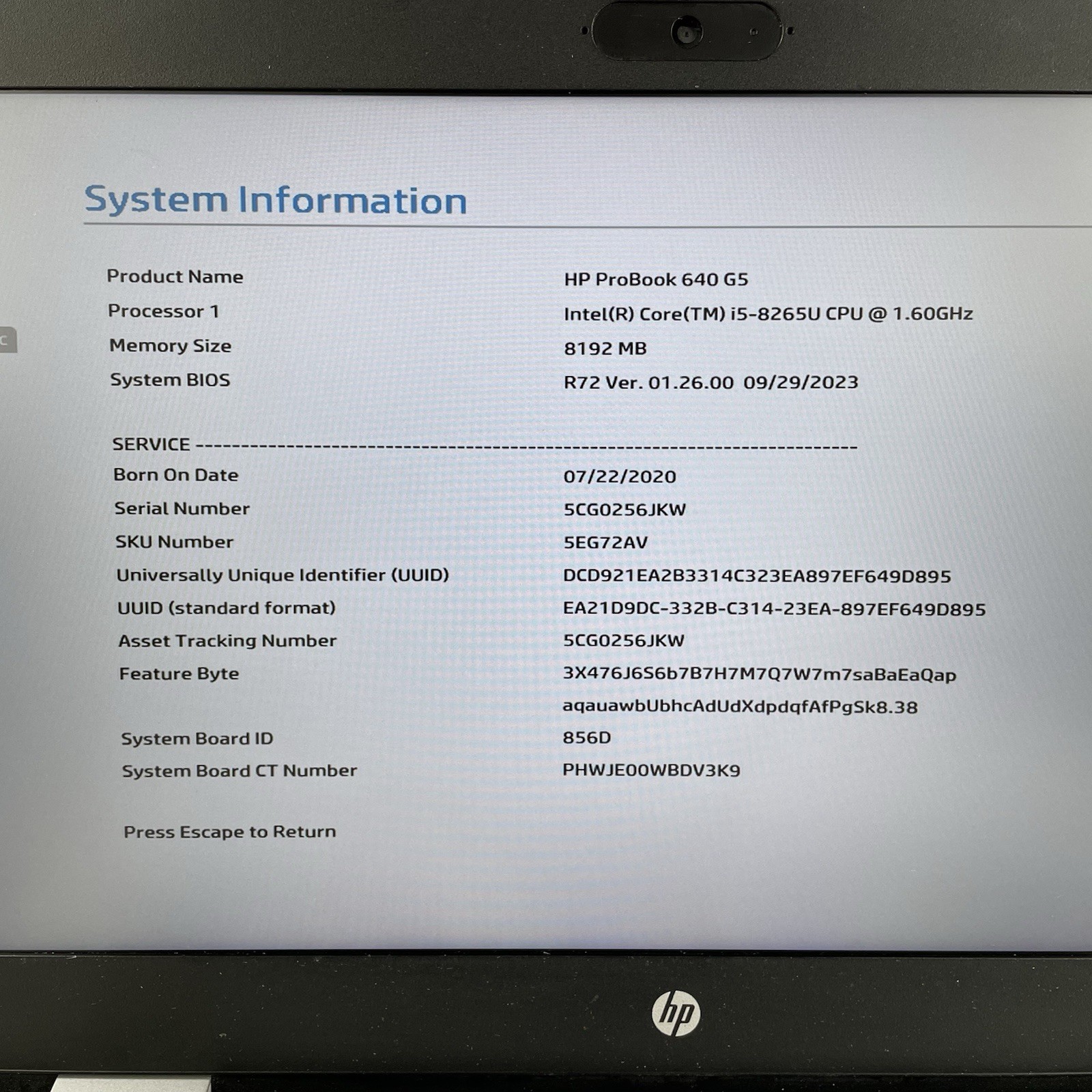 HP ProBook 640 G5 14″ i5-8265U 1.60 GHz 8 GB RAM No SSD No OS – No Camera Cover
